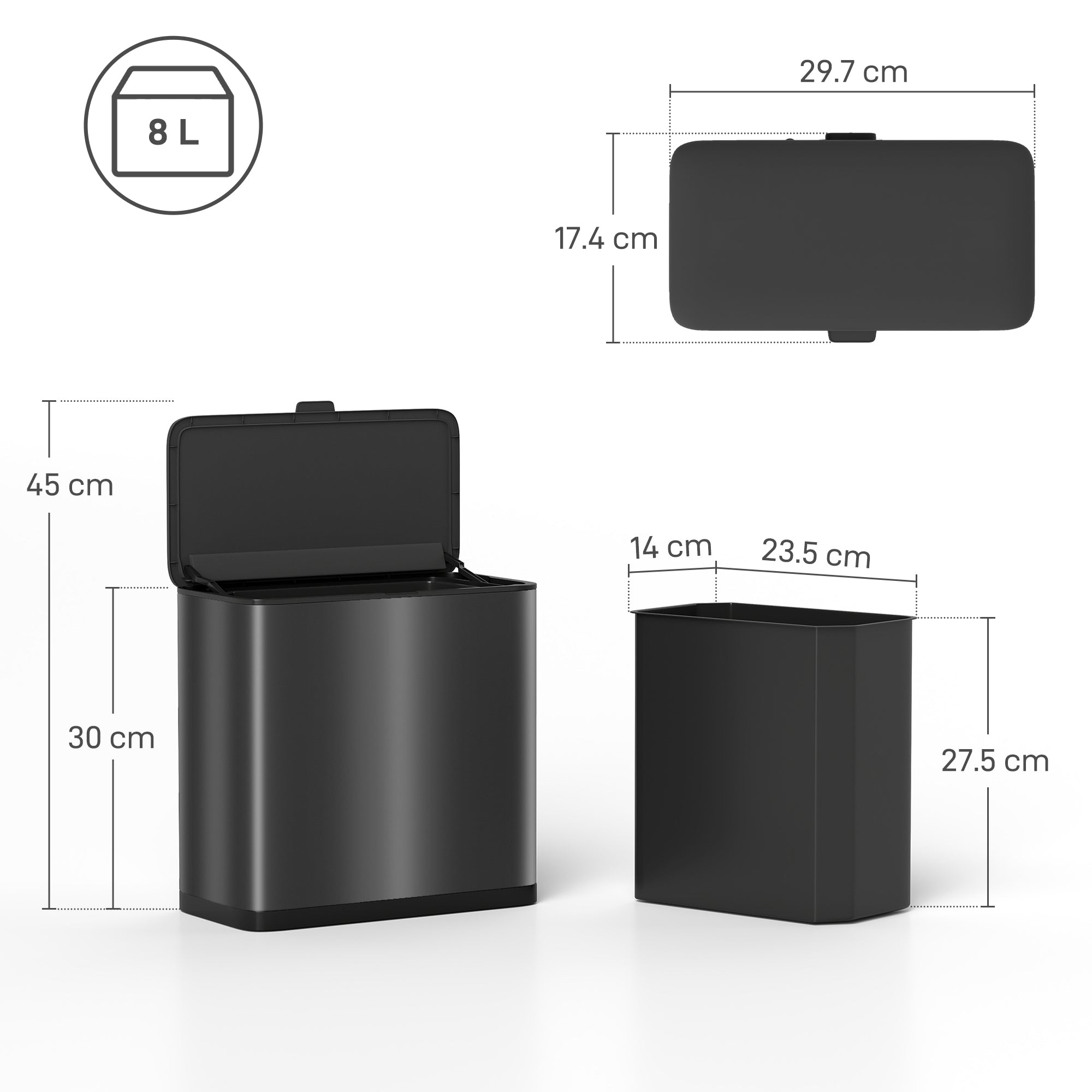 HOMCOM 8L Hanging Kitchen Bin, Rubbish bin with Lid and Removable Inner Bucket for Kitchen Cabinet Door, Under Sink, Office 