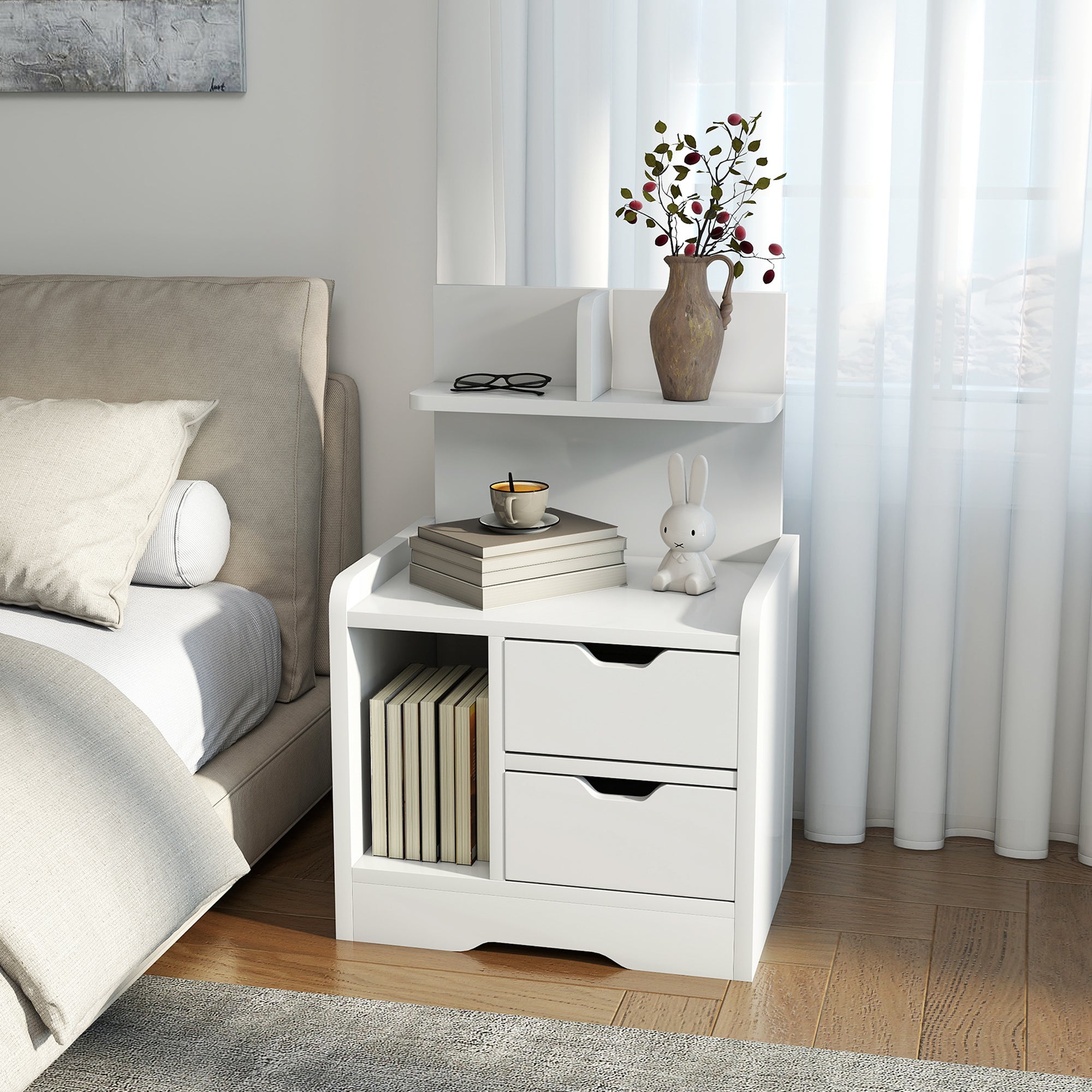 HOMCOM Bedside Table with 2 Drawers and Open Shelves - High Gloss White 