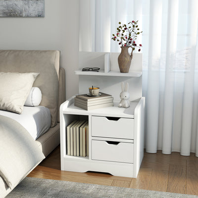 HOMCOM Bedside Table with 2 Drawers and Open Shelves - High Gloss White 