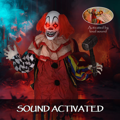 Outsunny 173 cm Life Size Halloween Animated Standing Clown & Hammer with Red Light Up Eyes, Sound Activated Moving Arms & Head, Scary Clown Halloween Decorations, Battery Operated, Indoor Party Props 