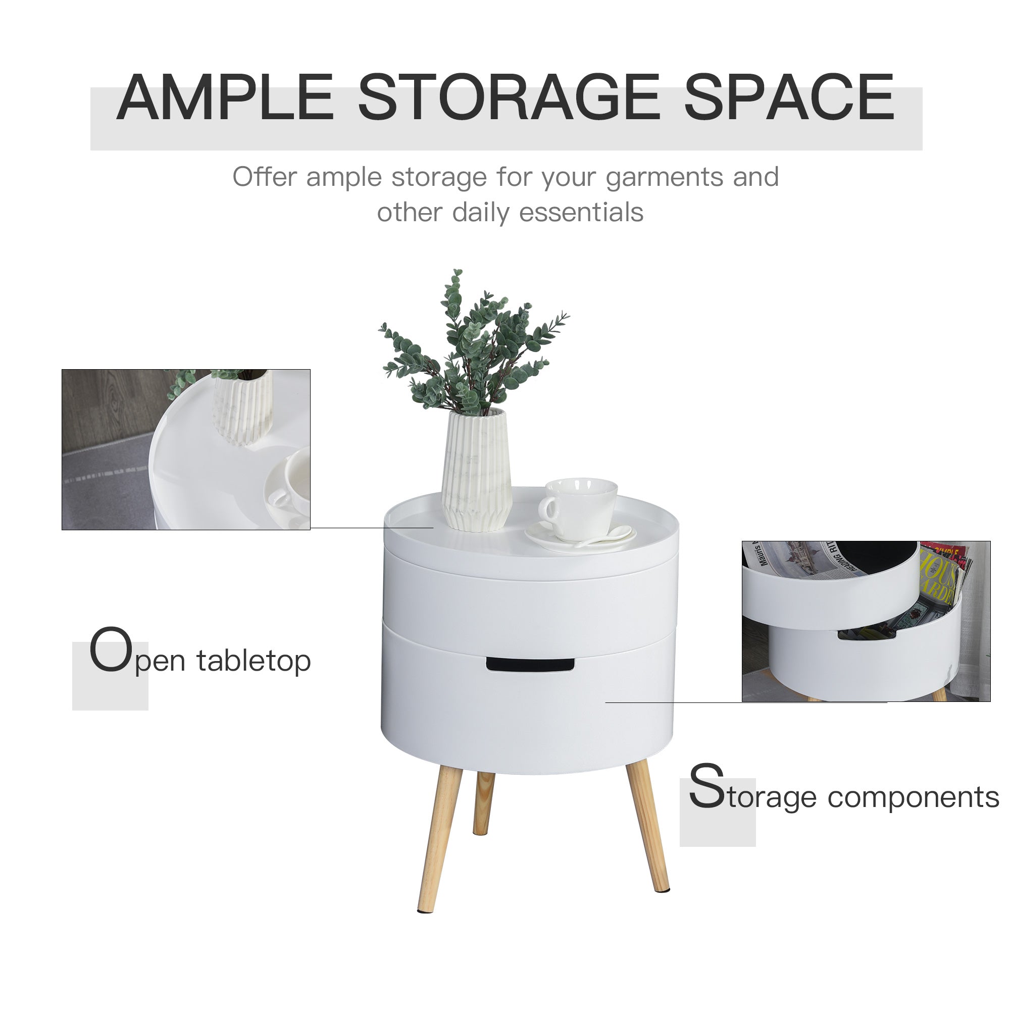 HOMCOM 3-Tier Coffee Table, Round End Table with 2 Hidden Compartments and Detachable Tray, Side Table with Storage for Living Room, White 