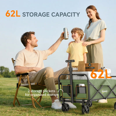 Outsunny 62L Festival Trolley on Wheels, Garden Folding Trolley Cart, 120kg Heavy Duty Collapsible Folding Wagon with Adjustable Handle and Carrying Bag for Beach, Camping, Festival, Green 