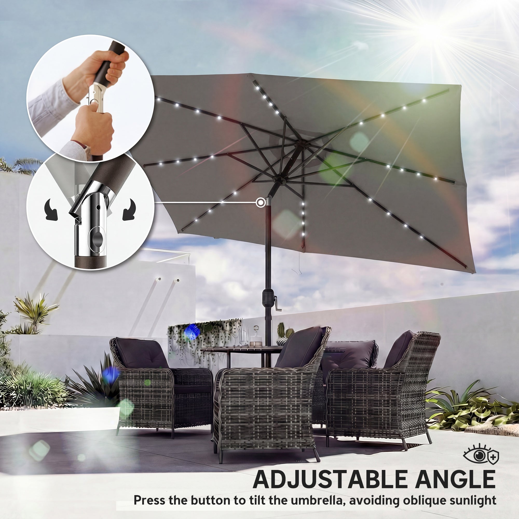 Outsunny 3 x 2 m Garden Parasol Umbrella with LED Solar Light, Parasol Cover, Outdoor Market Patio Umbrella, Dark Grey 
