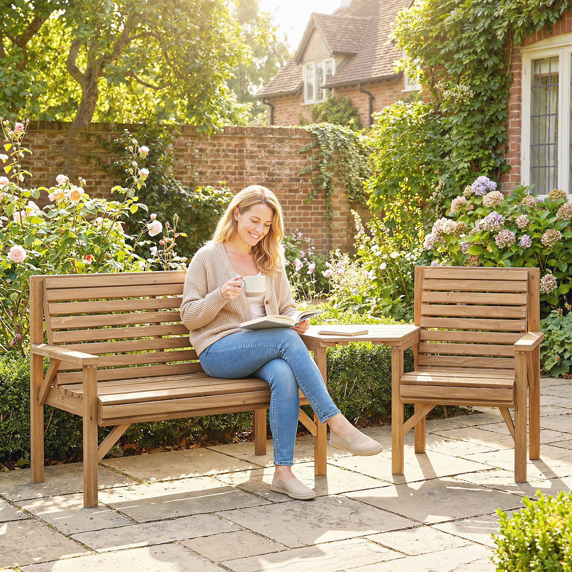 Outsunny Wooden Garden Furniture Set , 1 Chair, 1 Bench and Detachable Table, Natural Wood Finish 