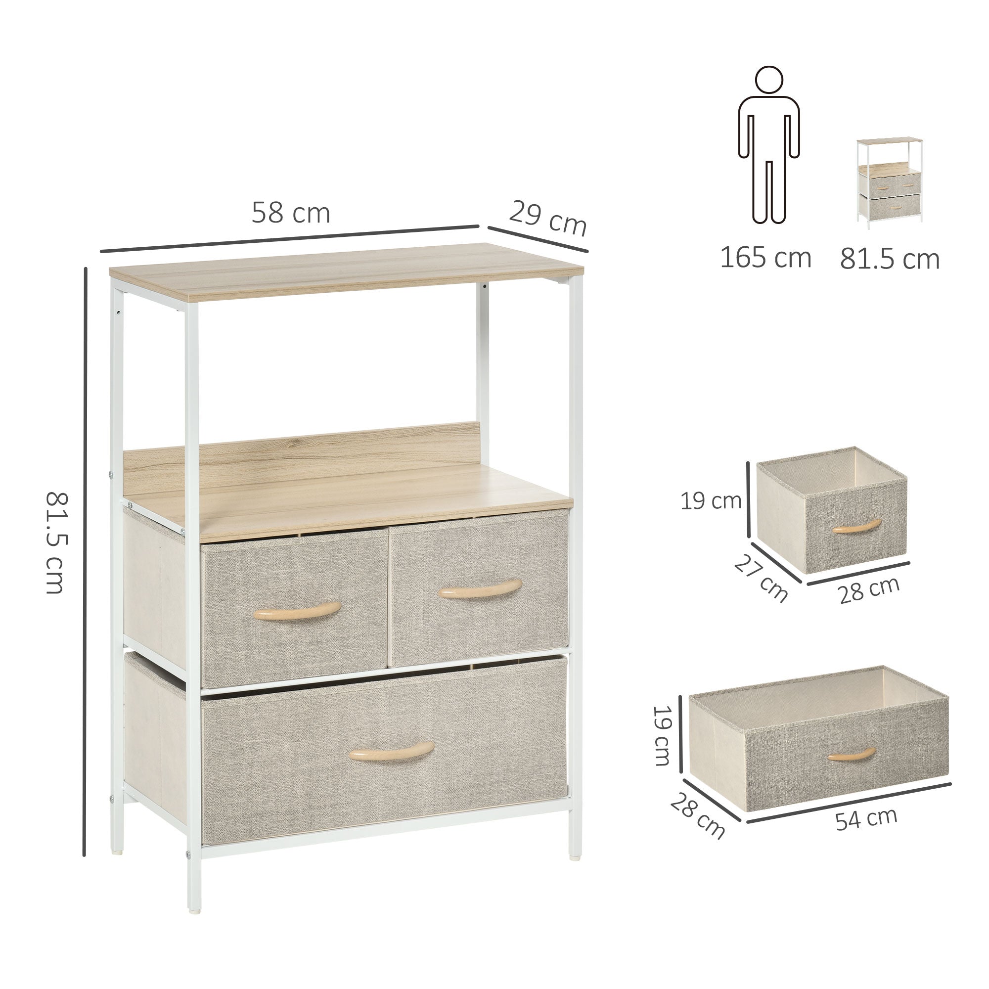 HOMCOM 3 Drawer Storage Chest Unit Home Cabinet w/ Shelves Home Living Room Bedroom Entryway Living Furniture, Light Grey 