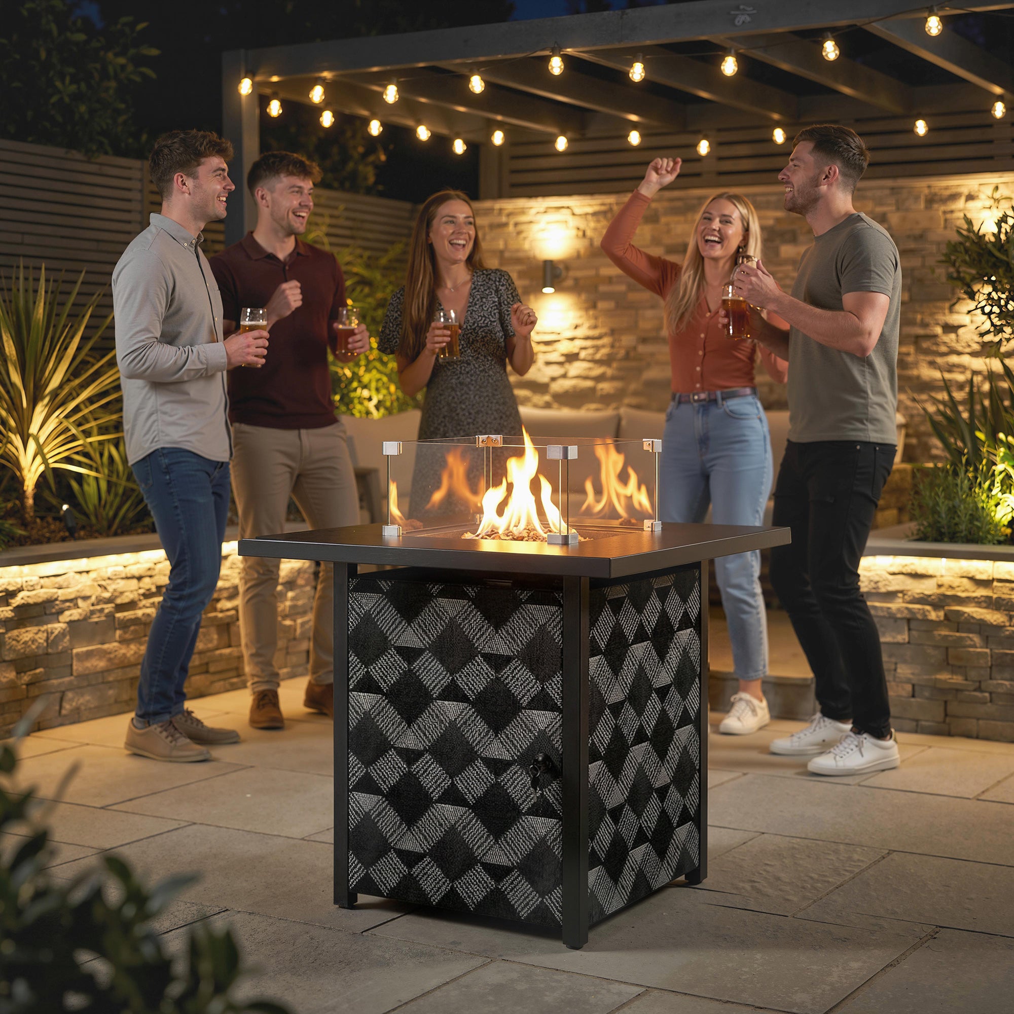 Outsunny Square Propane Gas Fire Pit Table,12 KW Firepit Outdoor Patio Heater with Glass Wind Guard, Lava Rocks, Gas Tank Holder 