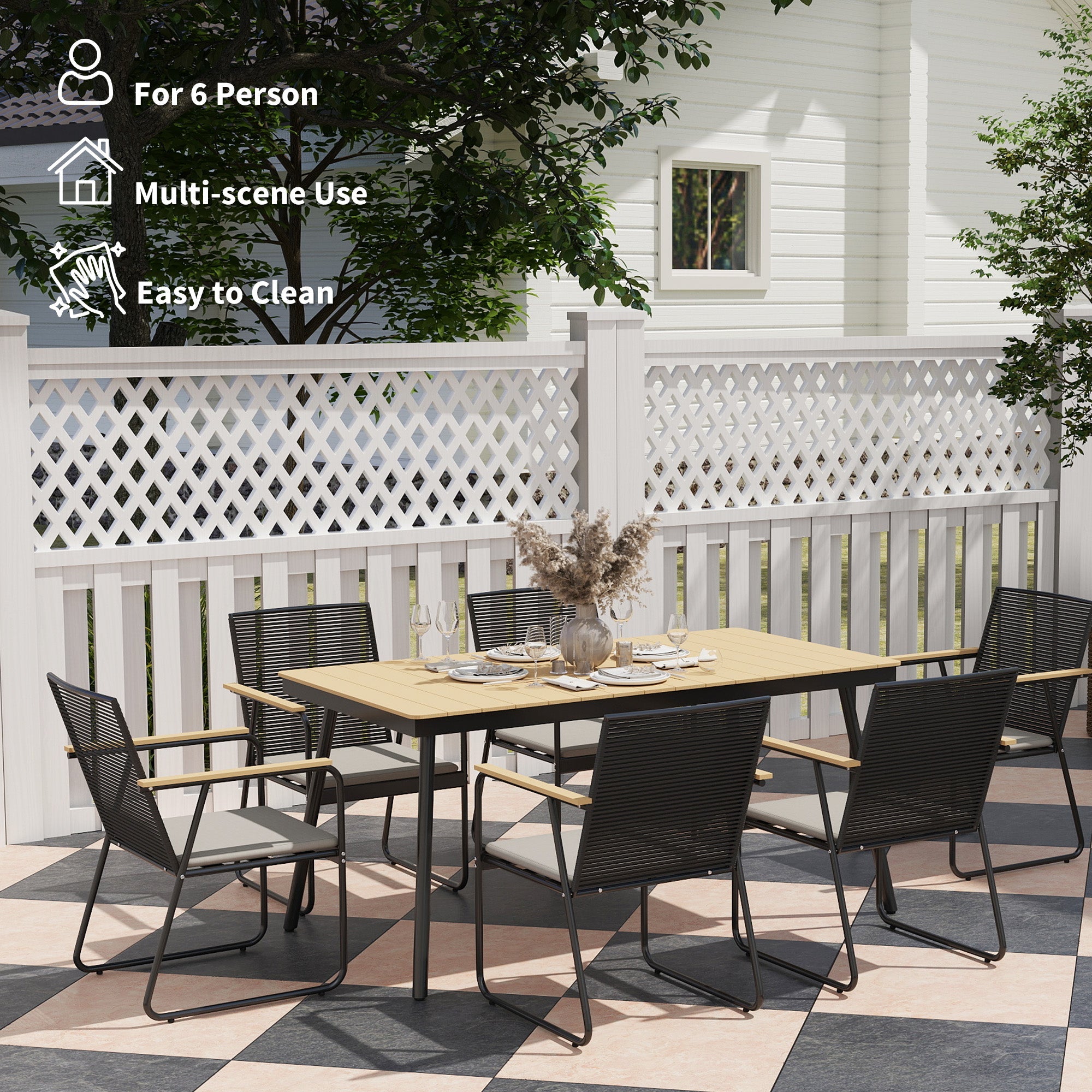 Outsunny 6 Seater Garden Dining Set with Soft Cushions, Rattan Backrest, Rectangular Plastic Top, Garden Furniture Set, Outdoor Dining Table and Chairs for Patio, Balcony, Poolside, Nature Wood Finish 