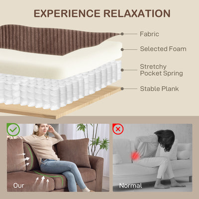 HOMCOM Modern 3 Seater Sofa with Spring Cushion, 212 cm Fabric Jumbo Cord Sofa Couch with 2 Scatter Cushions, Upholstered Corduroy Settee for Living Room, Bedroom, Home Office, Coffee 
