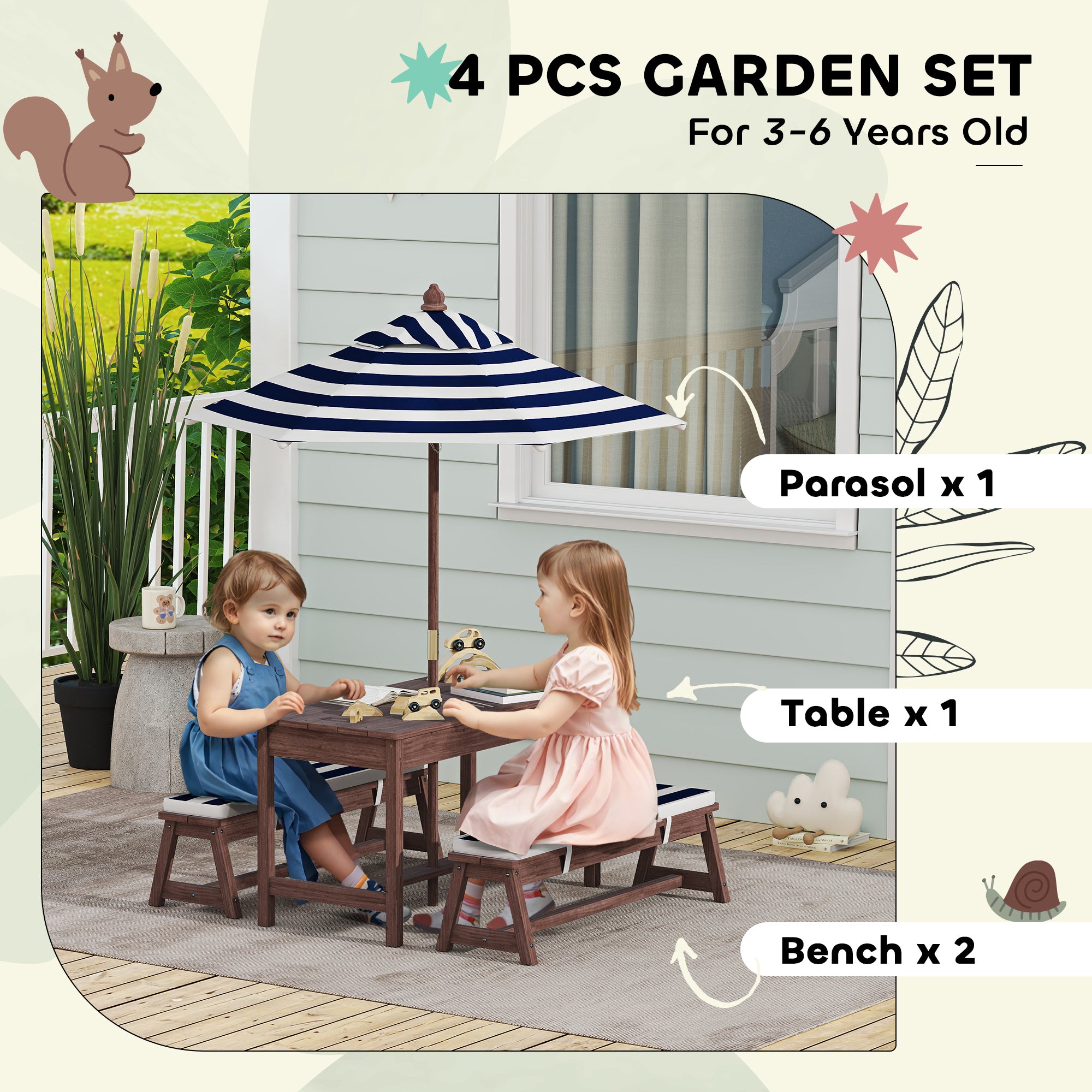 AIYAPLAY Outdoor Wooden Kids Picnic Table & Bench Set with Cushions and Umbrella, for Patio, Garden, Navy Blue 