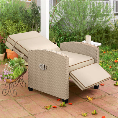 Outsunny Rattan Garden Recliner Chair, Adjustable Backrest Reclining Rattan Chair with Flip Table, Cushion and Footrest, Indoor Outdoor Lounge Reclining Sun Lounger for Patio, Yellow/Beige 
