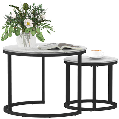 HOMCOM Glass Coffee Table Set of 2, Round Nest of Tables with Marble-Effect Tempered Glass Tabletop and Steel Frame, Modern Side Tables for Living Room, White 