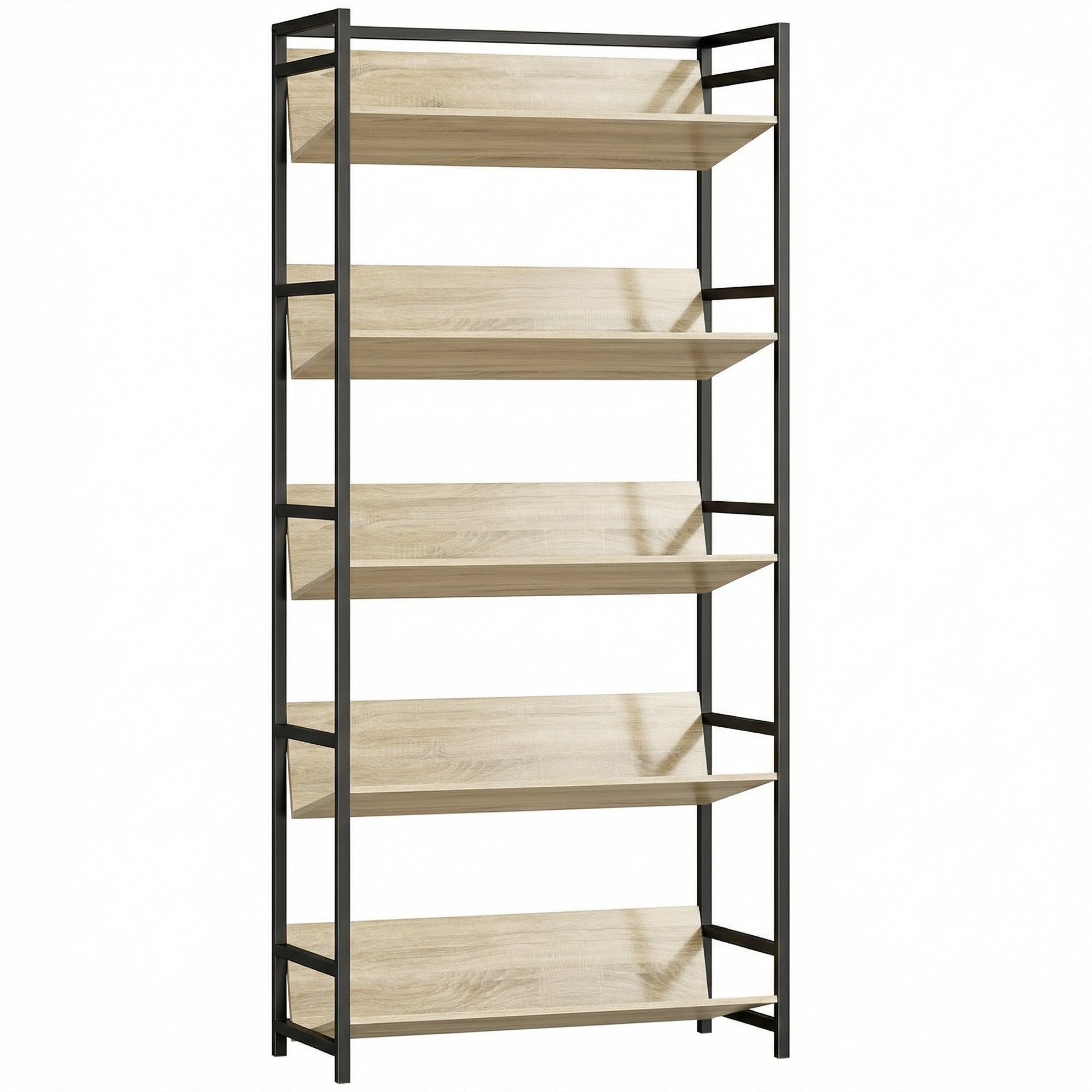 HOMCOM Bookshelf 5-Tier Metal Frame Bookcase Storage Shelves for Living Room Oak 