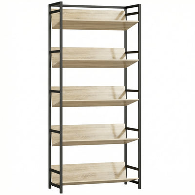 HOMCOM Bookshelf 5-Tier Metal Frame Bookcase Storage Shelves for Living Room Oak 