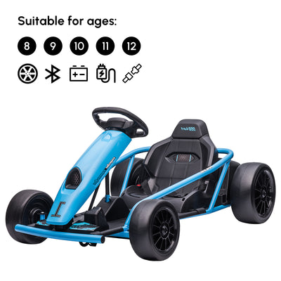 HOMCOM 24V Drift Kart, Electric Ride-On Racing Go Kart w/ 2 Speeds, Steering Wheel, Pedals for Kids Aged 8-12, Blue 