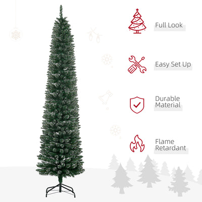HOMCOM 7.5FT Artificial Snow Dipped Christmas Tree Xmas Pencil Tree Holiday Home Indoor Decoration with Foldable Black Stand, Green 