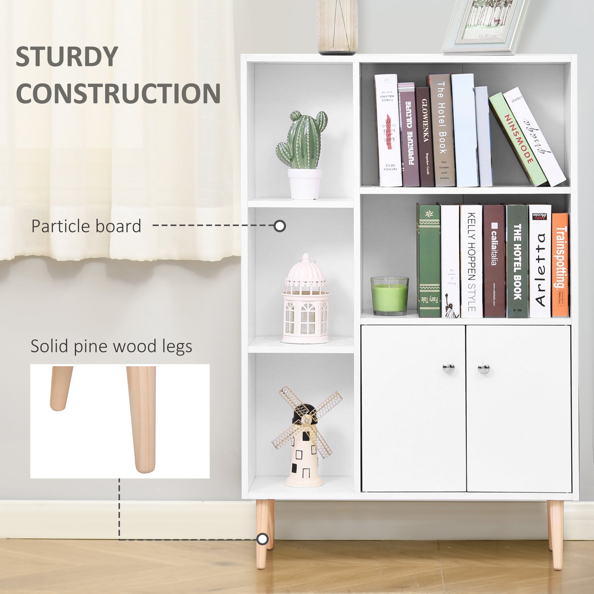 HOMCOM Sideboard Storage Cabinet Cupboard, Open Bookcase with 2 Doors 5 Compartments Wooden Modern Style for Living Room Bedroom Kitchen 80 x 23 x 123 cm, White 