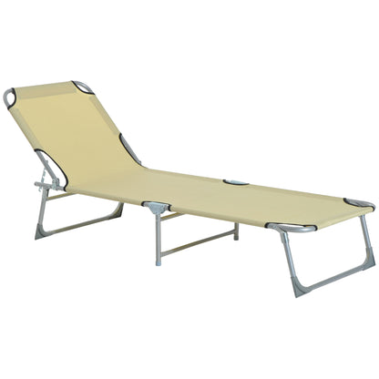 Outsunny Reclining Sun Lounger Chair Folding Camping Bed with 4-Position Adjustable Backrest, for Travel Indoor Outdoor Office Fishing, Beige 