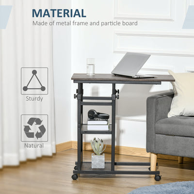 HOMCOM C-Shaped Side Table Industrial Mobile Rolling End Desk with 3-Tier Storage Shelving, Adjustable Height, Wheels 