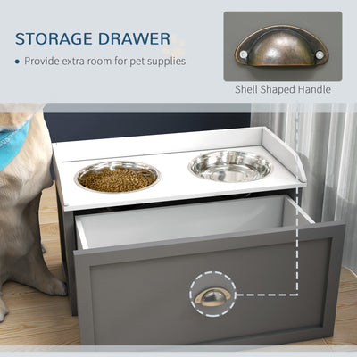 PawHut Stainless Steel Raised Dog Bowls, with 21L Storage Drawer for Large Dogs - Grey 