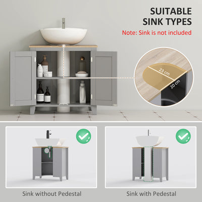 kleankin Under Sink Cabinet, Bathroom Sink Cabinet with 2 Doors, Pedestal Under Sink Design, Freestanding Bathroom Cupboard with Adjustable Shelf, Grey 