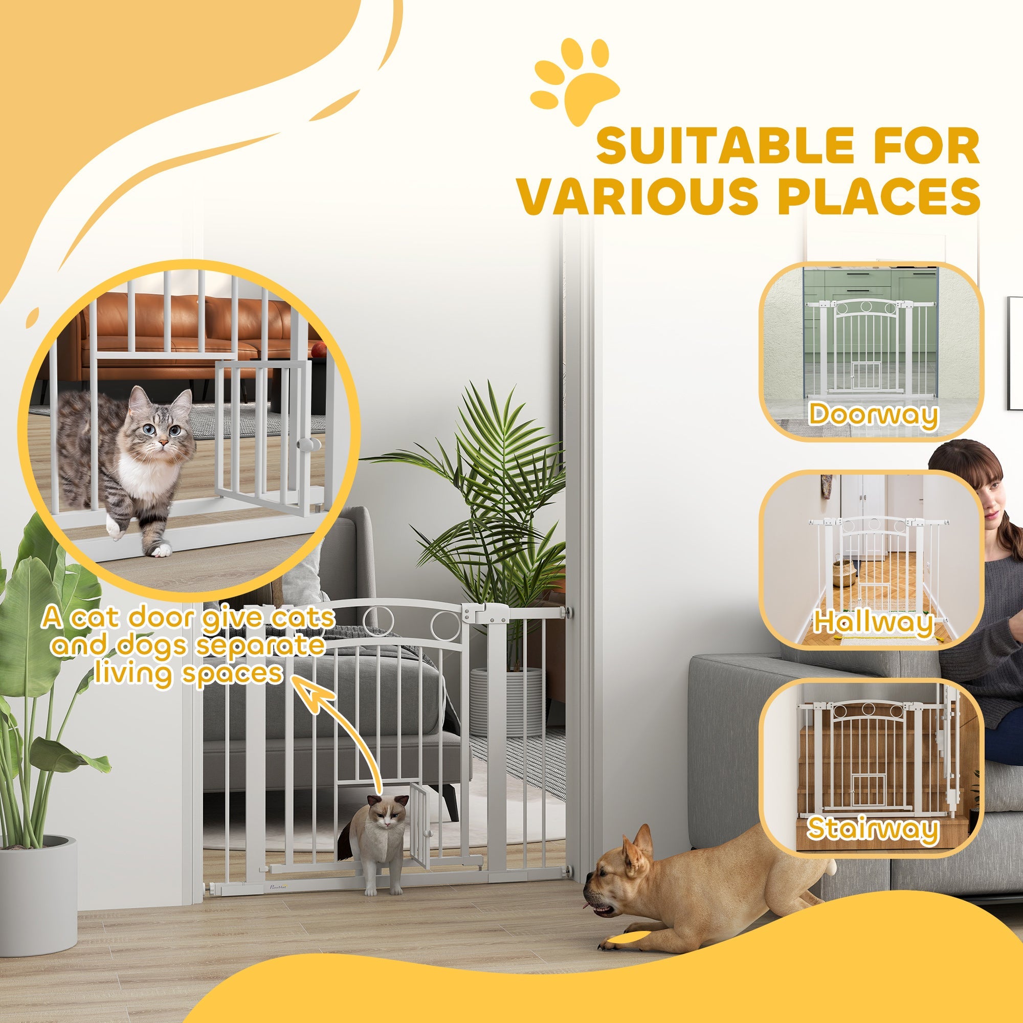 PawHut 77cm Tall Dog Gate with Cat Door, 7cm and 14cm Extensions, for Stairs, Doorways, 76-104cm Width 