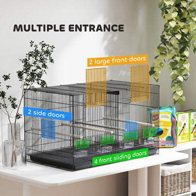 PawHut Bird Cage with Divider, 4 Wooden Perches, Slide Out Tray, 4 Feeders, for Budgie, Lovebird, Canary, 76 x 46 x 46cm, Black 