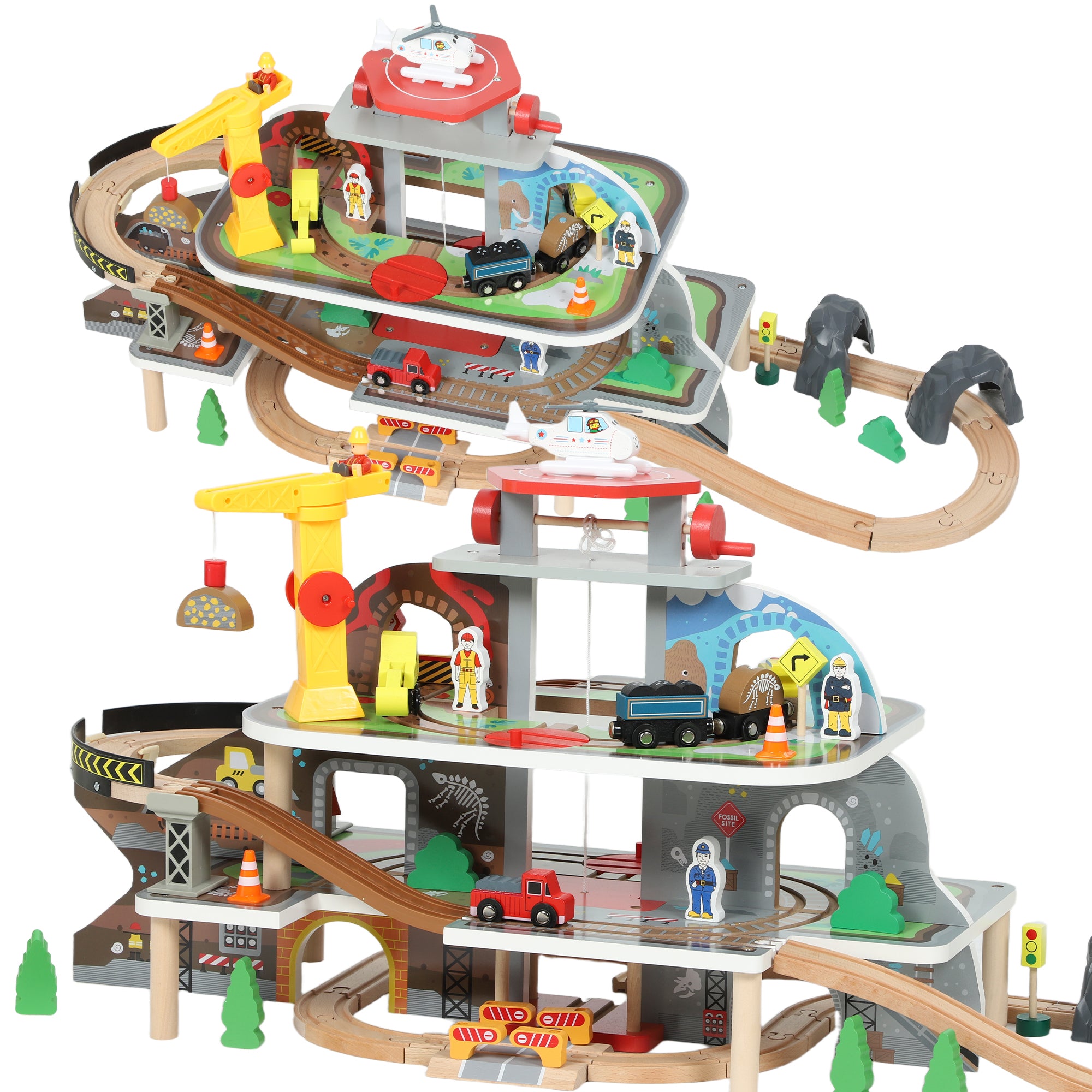 AIYAPLAY 79 Piece Wooden Train Set, Kids Train Track Mine Themed with Crane, Helicopter 
