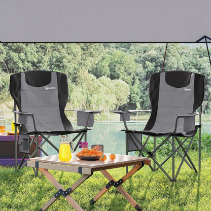 Outsunny Set of 2 Folding Camping Chairs, Padded Camping Chairs with Adjustable Armrests, Portable & Lightweight Folding Camp Chair with Cooler Bag, Cup Holder and Side Pockets, Grey 