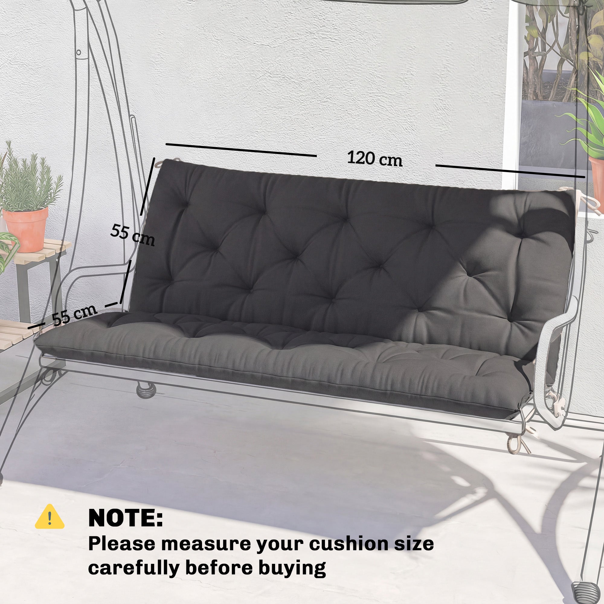 Outsunny Garden Bench Cushion, 2 Seater Swing Chair Cushion, Seat Pad with Ties for Indoor and Outdoor Use, 110 x 120 cm, Black 