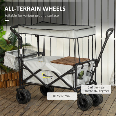 Outsunny Folding Trolley Cart Storage Wagon Beach Trailer 4 Wheels with Handle Overhead Canopy Cart Push Pull for Camping, Grey 