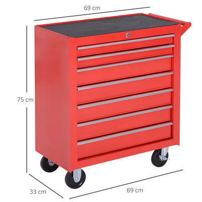 DURHAND 7-Drawer Rolling Tool Chest on Wheels, Lockable Tool Cabinet with Side Handle, Metal Tool Box Trolley for Garage, Workshop, Red 