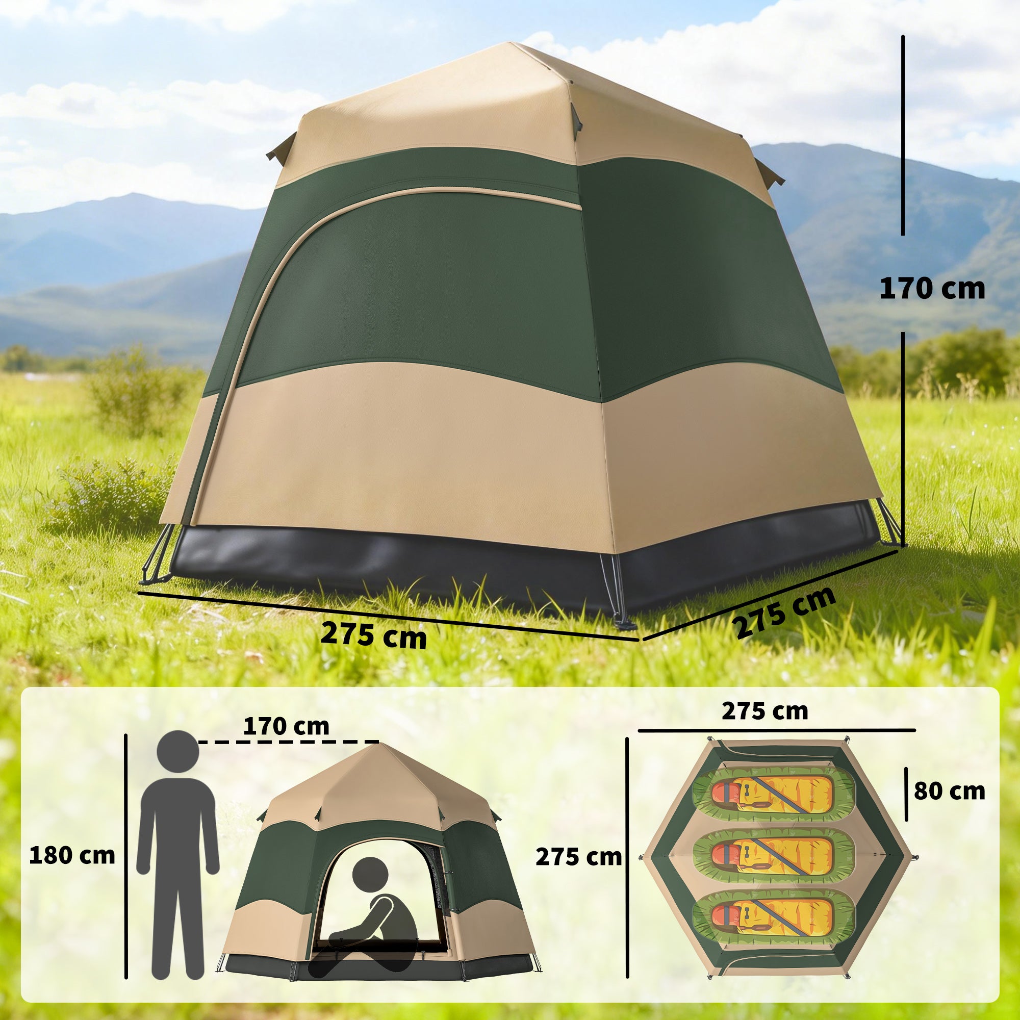Outsunny Double Layer Instant Pop Up Tent with Rainfly, Portable Camping Shelter with Sewn-in Groundsheet and Carry Bag, Khaki 