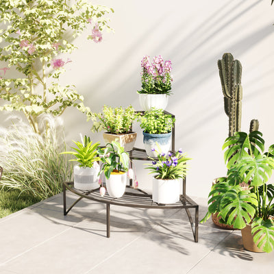 Outsunny Three-Tier Corner Metal Plants Shelves - Black 