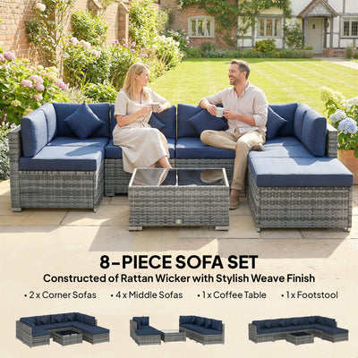 Outsunny 8 Pieces PE Rattan Corner Sofa Set, Outdoor Garden Furniture Set, Patio Wicker Sofa Seater w/ Cushion, Dark Blue 