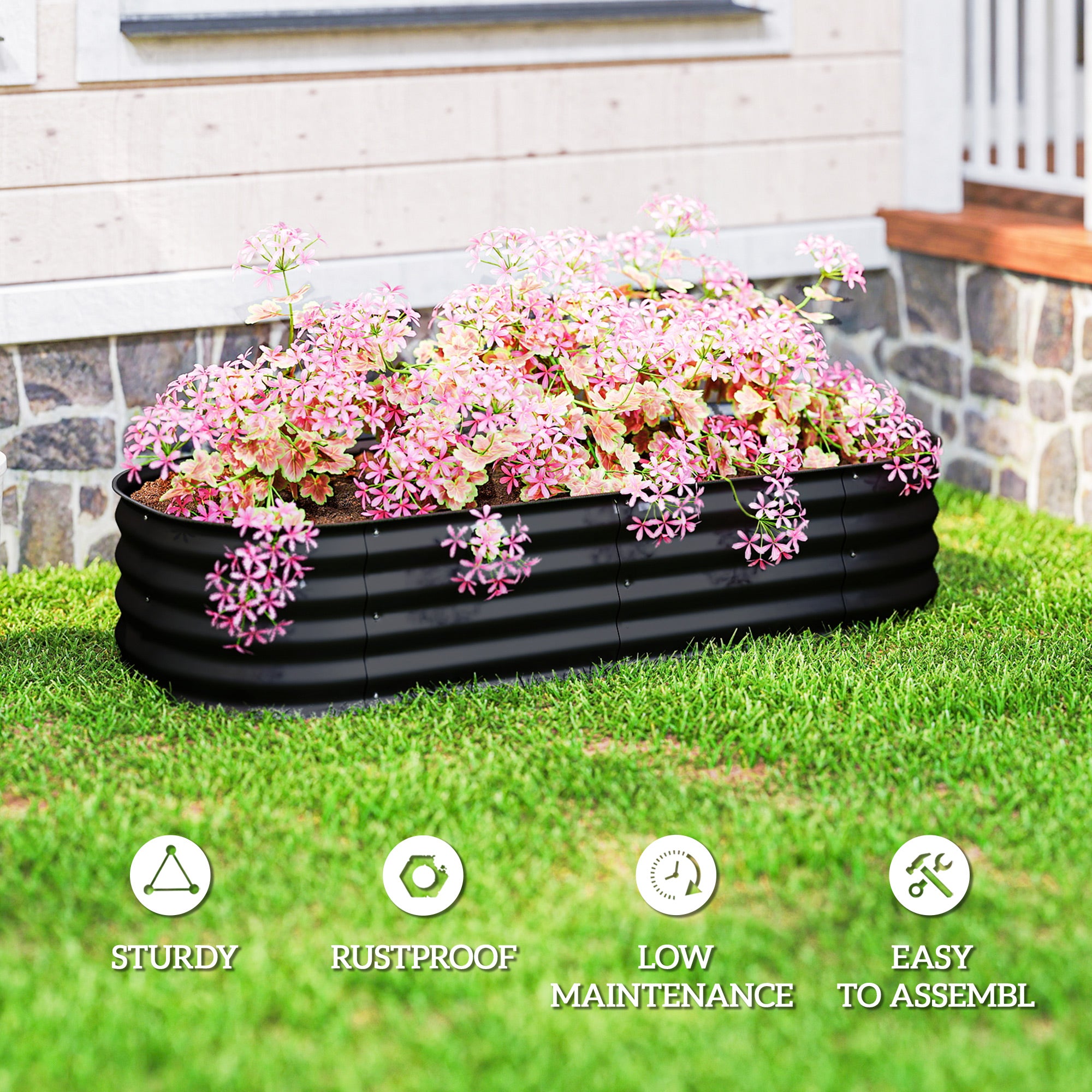 Outsunny Galvanised Raised Garden Bed, Metal Planter Box with Safety Edging, for Flowers, Herbs, Succulents, Black 