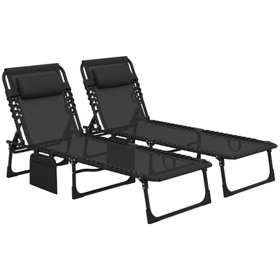 Outsunny Portable Sun Lounger Set of 2, Folding Camping Bed Cot, Reclining Lounge Chair 5-position Adjustable Backrest with Side Pocket, Pillow for Patio Garden Beach Pool, Black 