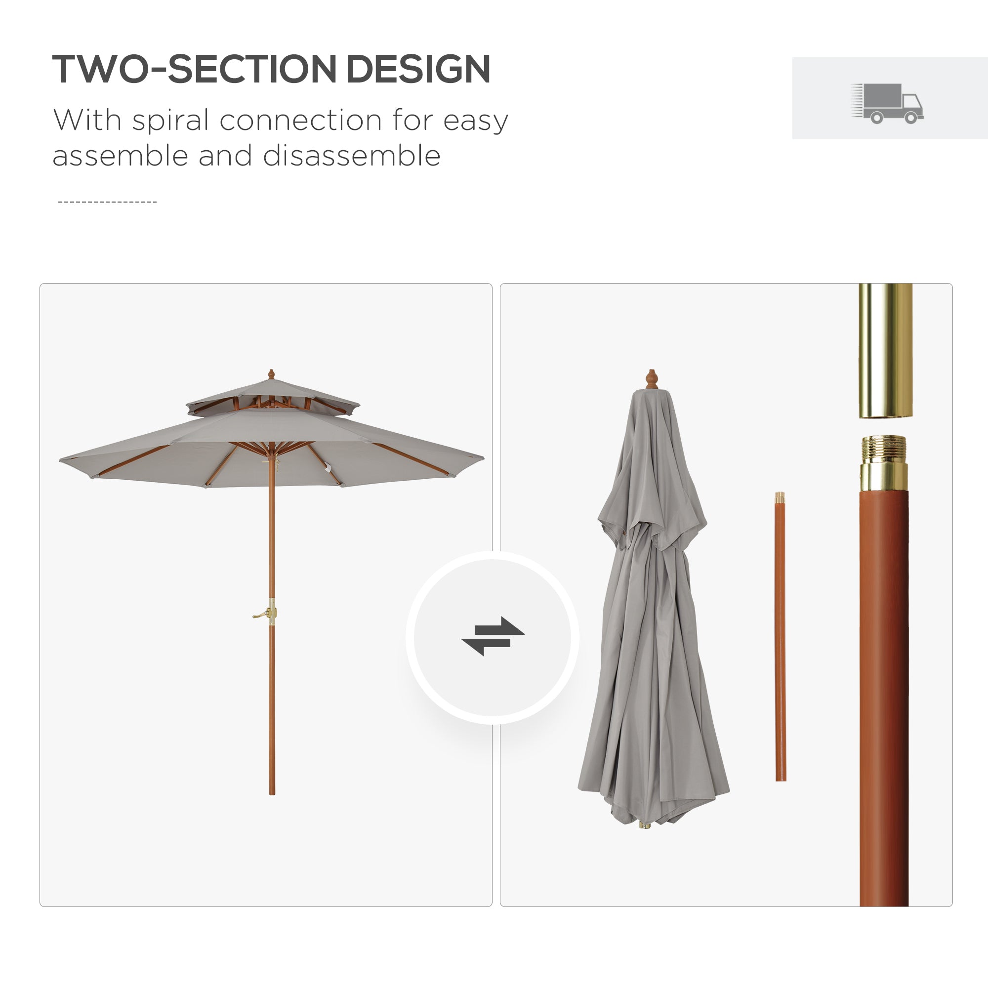 Outsunny 2.7m Elegant Wooden Frame Parasol Umbrella - Grey 