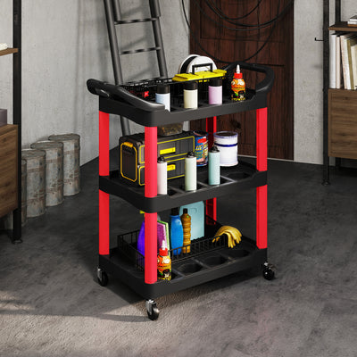 HOMCOM 3-Tier Rolling Tool Cart, Tool Trolley on Wheels, Plastic Mobile Service Utility Cart with Handles for Garage, Mechanics and Warehouse, 91kg Capacity, Black and Red 