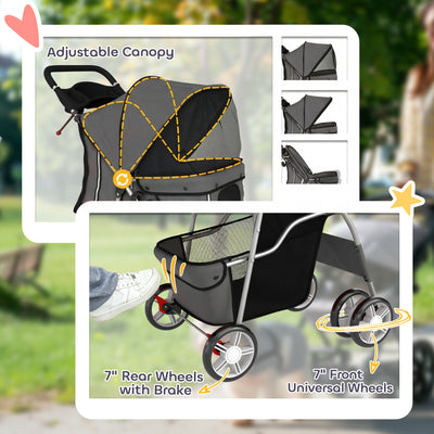 PawHut Dog Pram, Pet Stroller with Reflective Strips, Foldable Cat Stroller with 360° Swivel Wheels, Dark Grey 