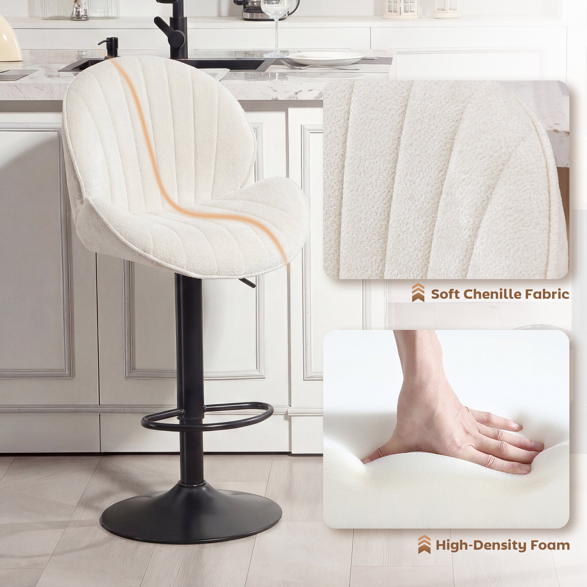 HOMCOM Bar Stools Set of 2, Swivel Barstools with Back, Adjustable Height and Footrest for Kitchen Island, Dining Room, Cream 
