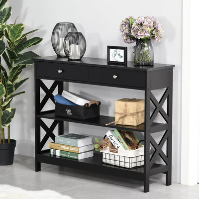 HOMCOM Console Table Side Desk w/ Shelves Drawers Open Top X Support Frame Living Room Hallway Home Office Furniture Black 