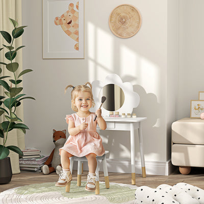 AIYAPLAY Kids Dressing Table with Mirror, Stool, Drawer, Cloud Design, White 