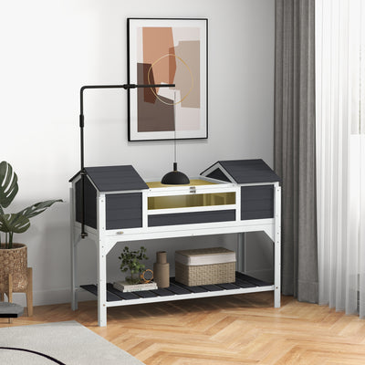 PawHut Wooden Tortoise Enclosure w/ Adjustable Lamp Holder, Openable Lid, Dual Main Houses, Storage Shelf, Fixed Tray - Grey 