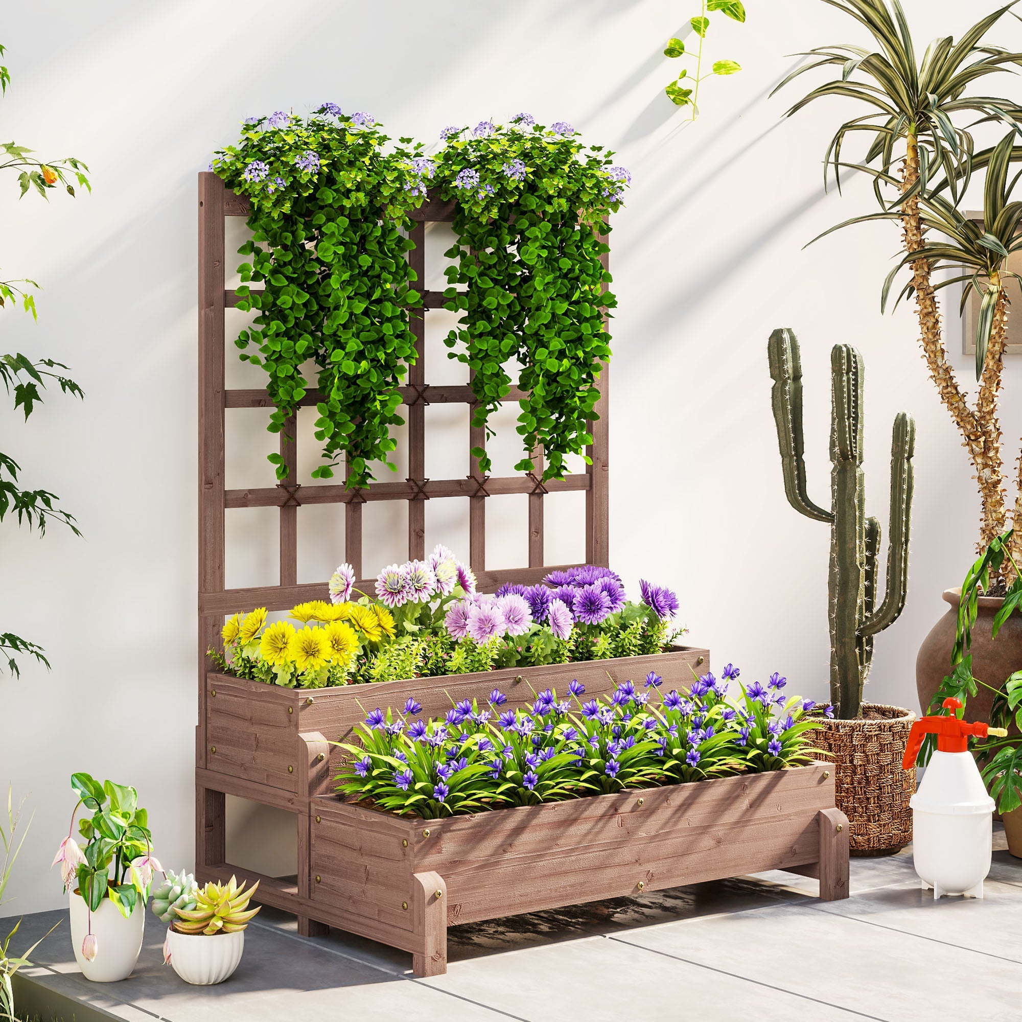 Outsunny 2-Tier Raised Garden Bed with Trellis, Wooden Elevated Planter Box with Drainage Holes, Outdoor Raised Planter for Climbing Plants, Fruits, Vegetables, Flowers, Brown 