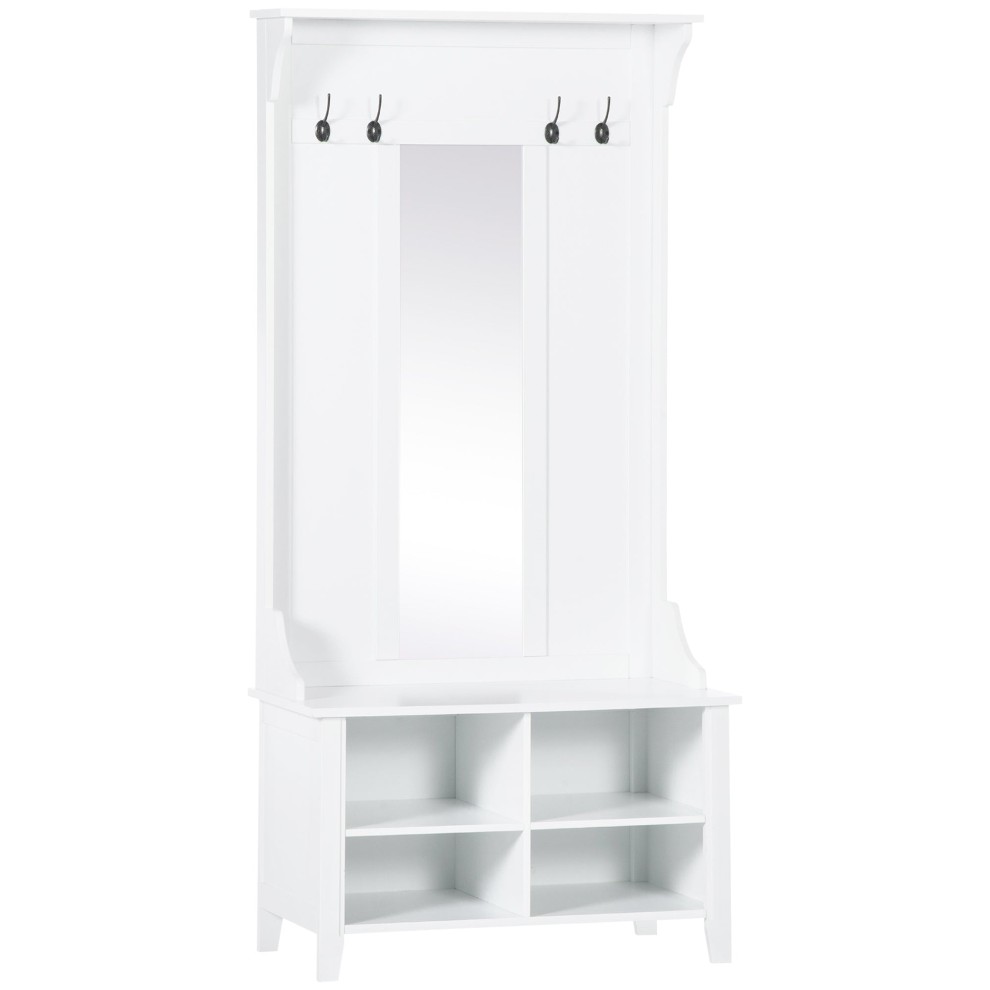 HOMCOM Hallway Furniture Set Shoe Bench Storage Mirror Cabinet Coat Rack Multiple Cubes Hangers Organiser Shelves w/ 4 Hooks 