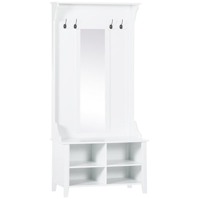 HOMCOM Hallway Furniture Set Shoe Bench Storage Mirror Cabinet Coat Rack Multiple Cubes Hangers Organiser Shelves w/ 4 Hooks 