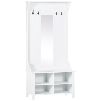 HOMCOM Hallway Furniture Set Shoe Bench Storage Mirror Cabinet Coat Rack Multiple Cubes Hangers Organiser Shelves w/ 4 Hooks 