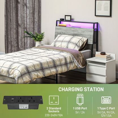 HOMCOM Single Steel Bed Frame, with LED Lights and Headboard Shelf - Grey 