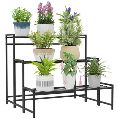 Outsunny Three-Tier Metal Plant Shelf - Black 