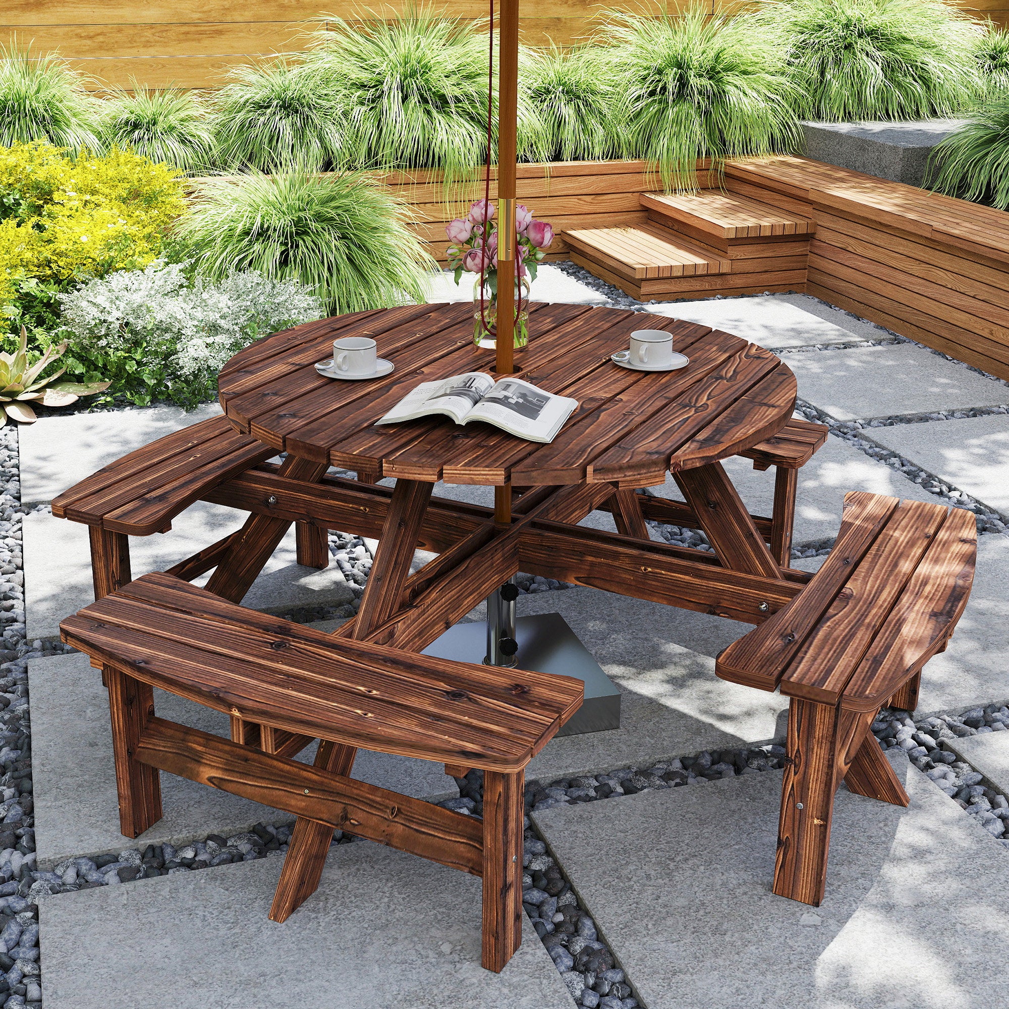 Outsunny Wooden Garden Dining Set, 8 Seater Patio Furniture Set with Round Picnic Table, Parasol Hole for Outdoor Garden, Tan 